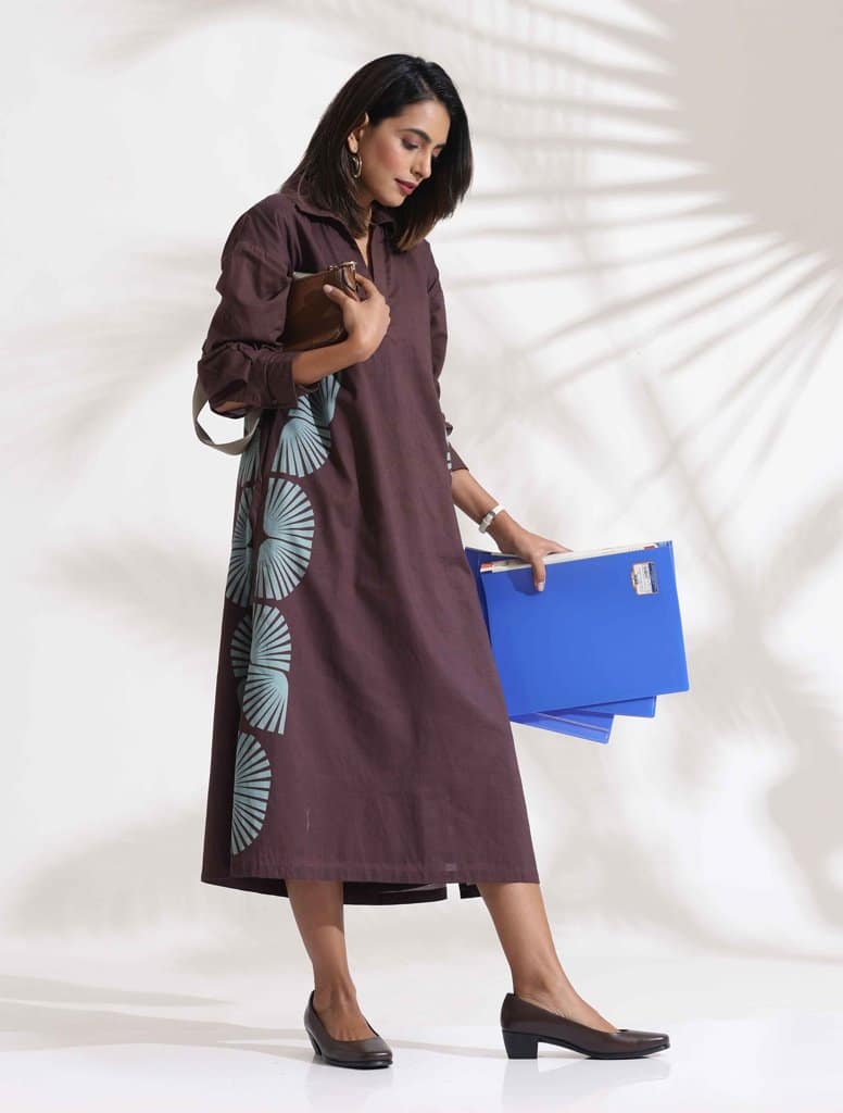 trueBrowns Cola Cotton Print A-line Dress - Brown (XS) view 2