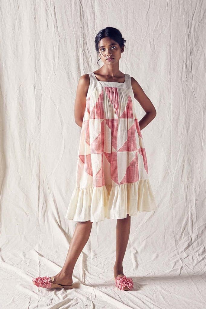 Pieced Sleeveless Summer Dress With Pleats In Red And Off White Checks Cotton Khadi Mulmul view 2