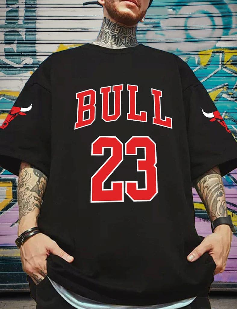 Scott Fincher Oversized Men's Casual Short Sleeve T-shirt with BULL 23 Print : AA(ARN)BLACK_79