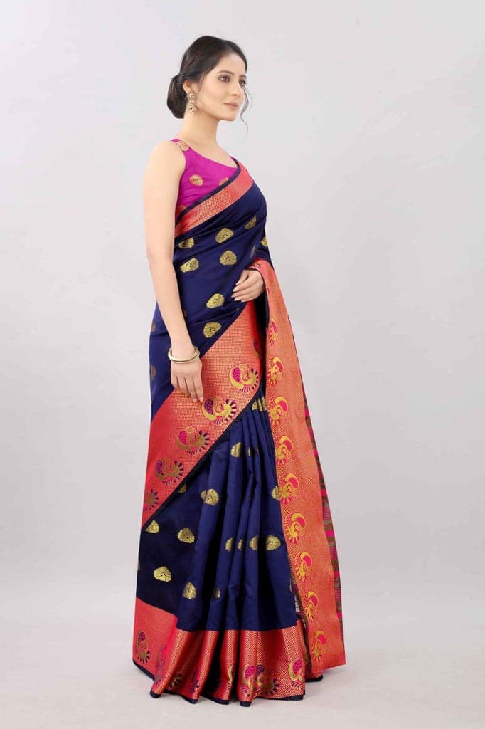 Blue &amp; Gold Zari Woven Banarasi Silk Saree view 2