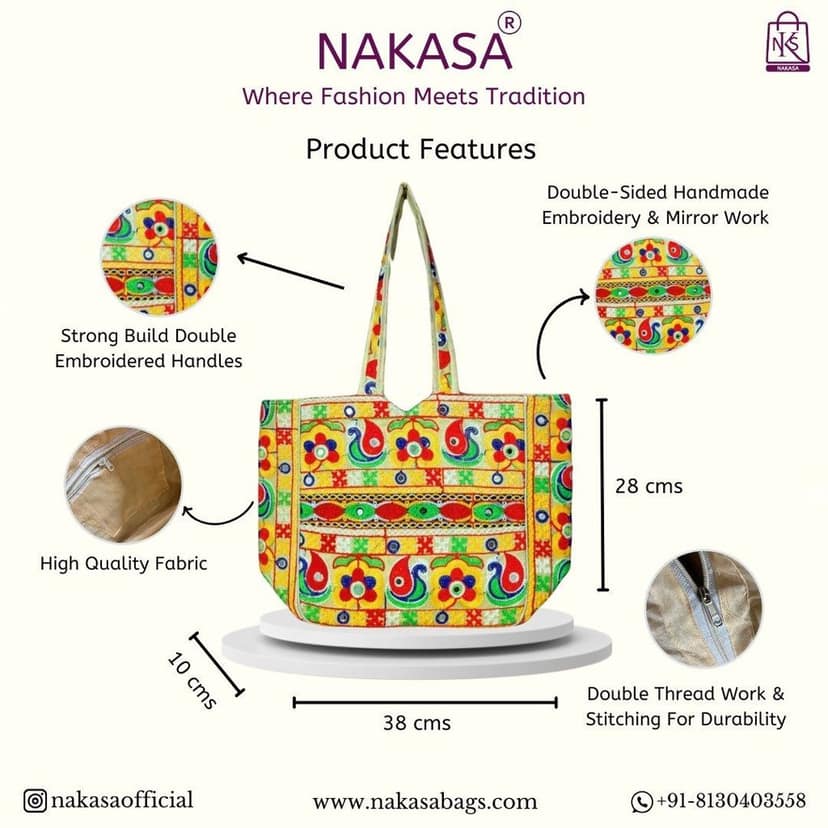 NAKASA Women's Gujarati Handmade Flower Embroidery Regular Off White Tote Bag view 3