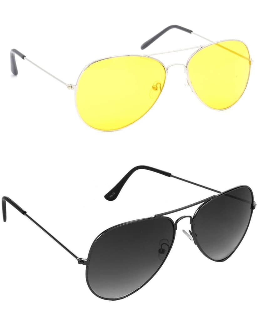HRINKAR Unisex Pilot Sunglasses Silver & Grey Frame, Yellow & Grey Lens (Medium) - Pack of 2