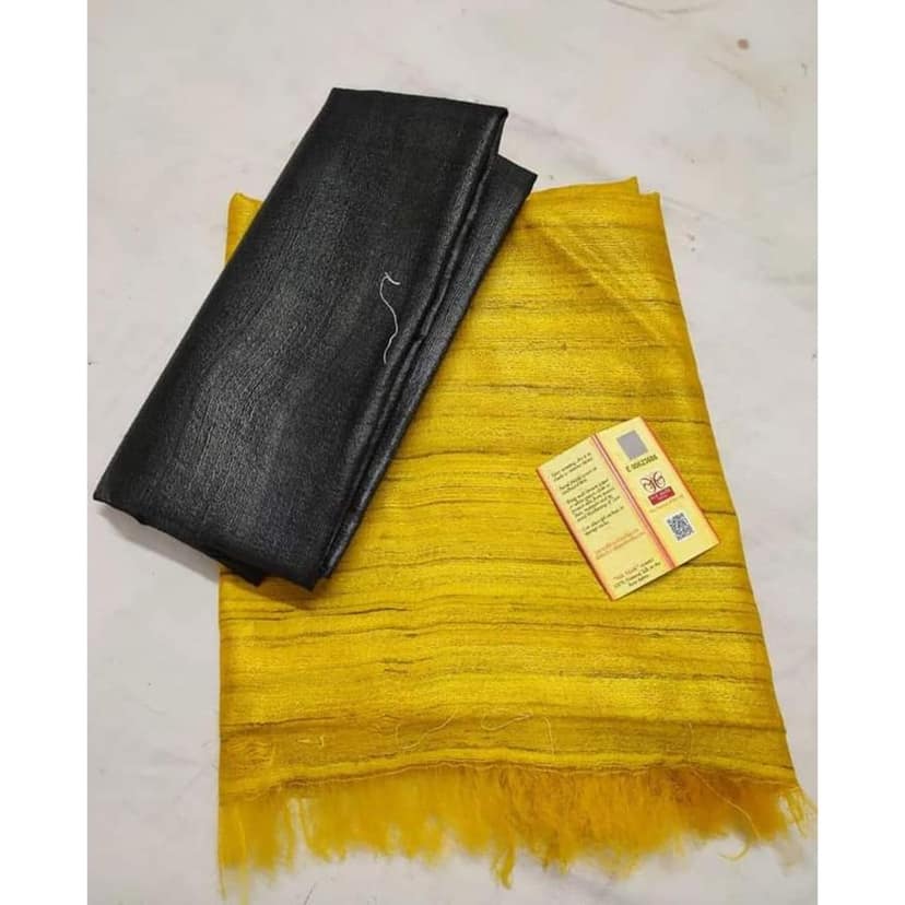 Silkmark Certified Gichcha Tussar Handloom Hand Dyed Yellow Saree with Contrast Blouse-7979