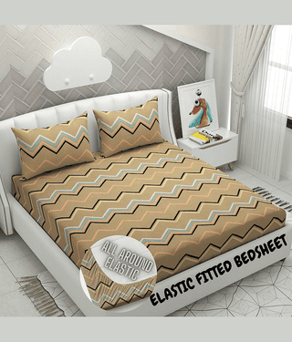 Apala Microfibre Abstract Printed Fitted Double Bedsheet With 2 Pillow Covers- Brown