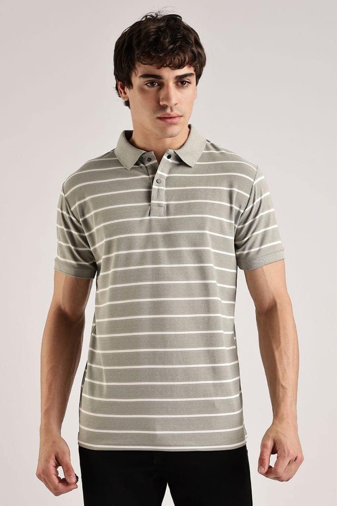 Pollycotton Tan Brown Striped Polo