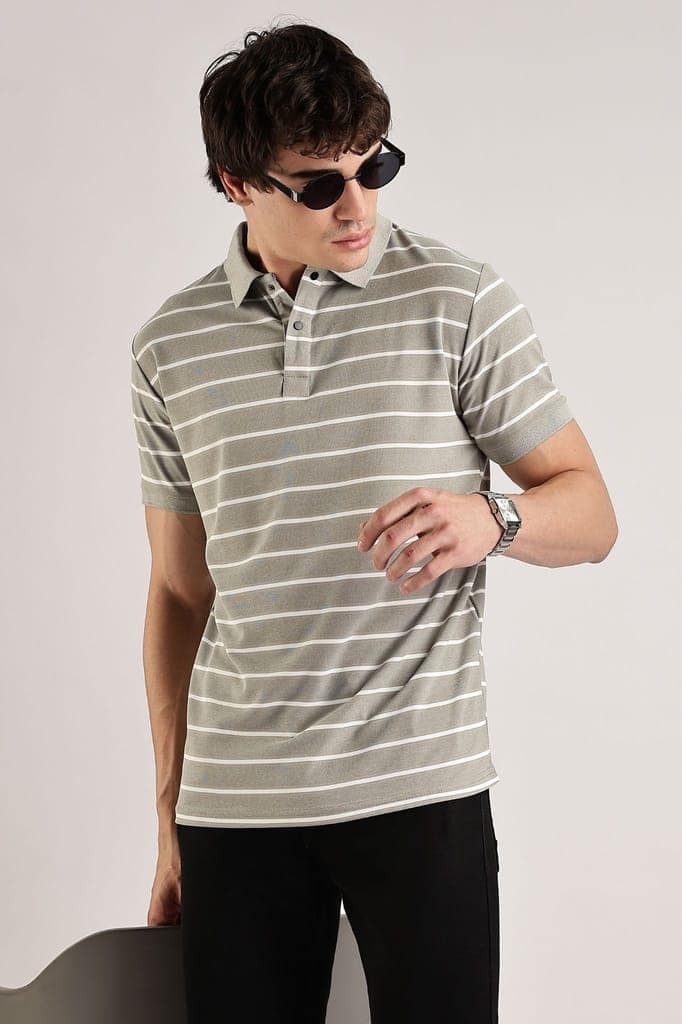 Pollycotton Tan Brown Striped Polo view 3