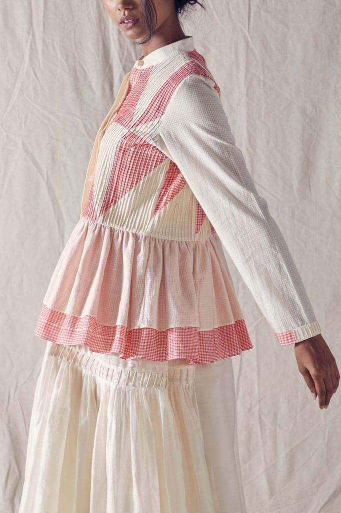 Pintucked Peplum Top In Red And Off White Checks Cotton Khadi Mulmul view 4