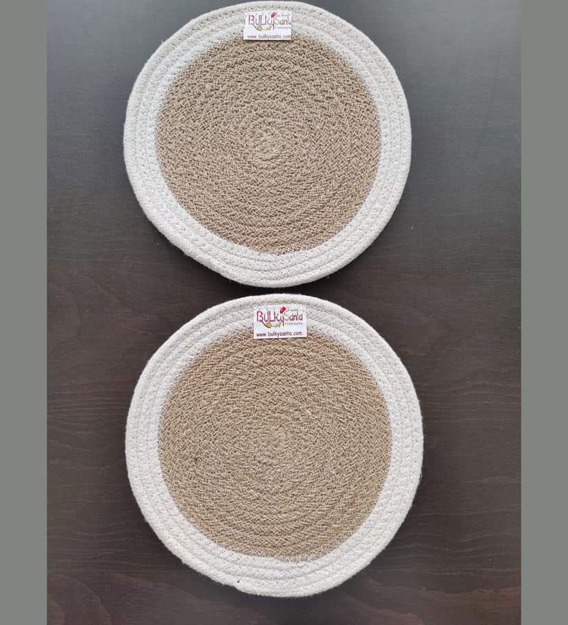 Round table mats cotton placemats (pack of 2) | Hotpads / trivets 9", Heat Resistant, Reversible Use (White - Beige) by Bulky Santa view 2