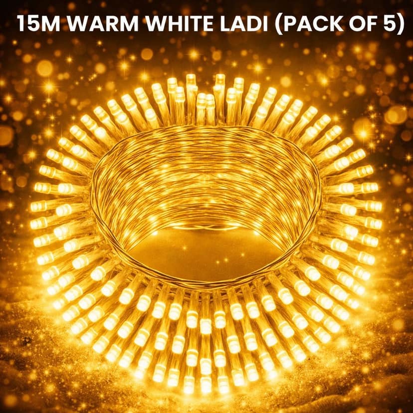 SPARKWORLD 11 Meter Yellow LED Ladi (Pack of 5) | Free Jointer (7+1) | Decorative String Light Steady Glow for Festivals, Weddings & Home Decor | Size: 15 M