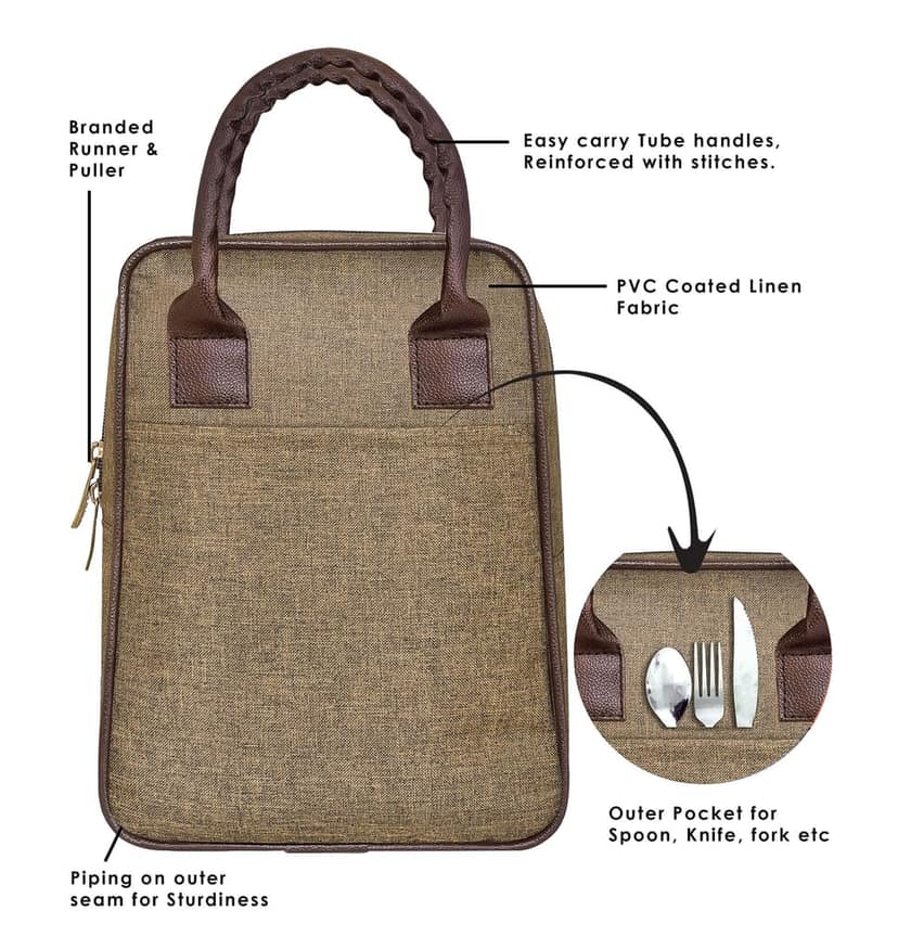 Earthy Khaki: Linen Textured Insulated Tiffin Bag/Lunch Bag Fashion Pick (TB03) view 2