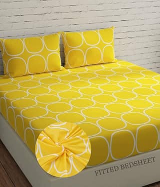 SHOMES Cotton Geometric Fitted 1 Bedsheet with 2 Pillow Covers ( Double Bed ) - Yellow
