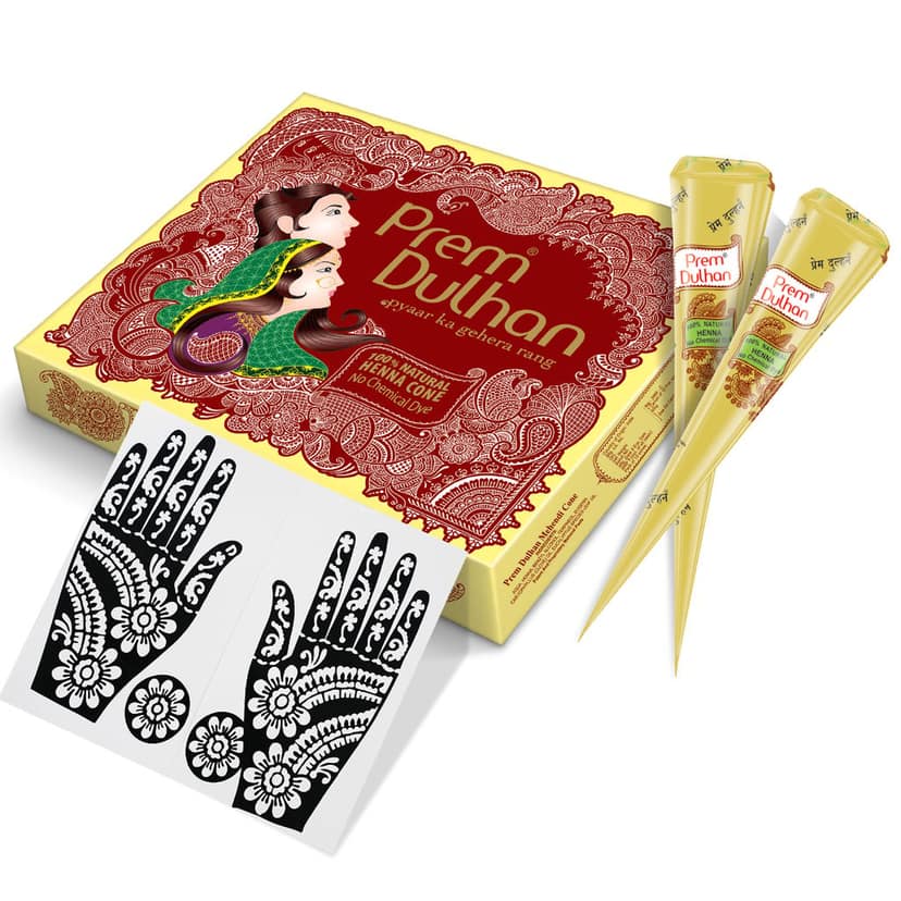 Prem Dulhan Brown Henna Cones Box 12 Pcs with Flower Stencil Yellow view 2