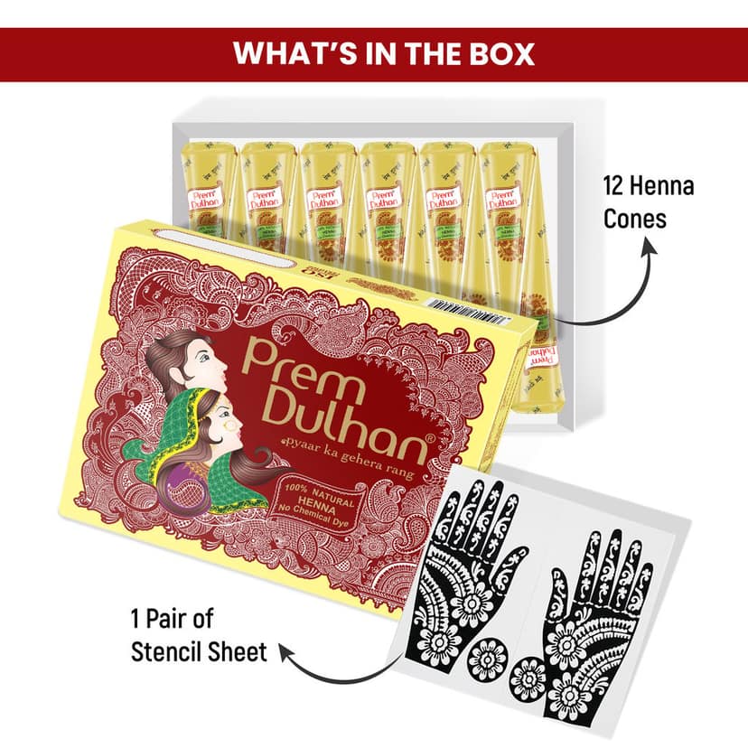 Prem Dulhan Brown Henna Cones Box 12 Pcs with Flower Stencil Yellow view 3