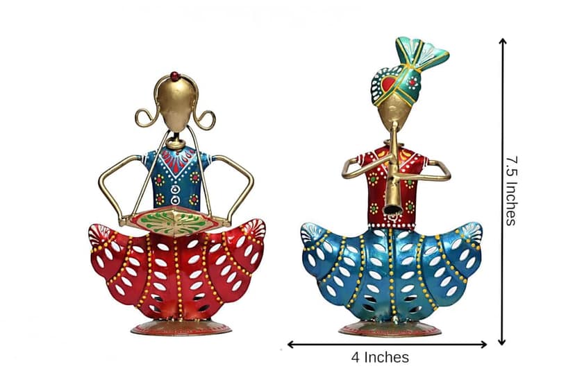 Jyoti handicraft Handpainted Wrought Iron Rajasthani Tribal Musician Couple Tealight Candle Holder Decorative Showpiece Multicolour (Length 13 inch * Height 7.5) view 2