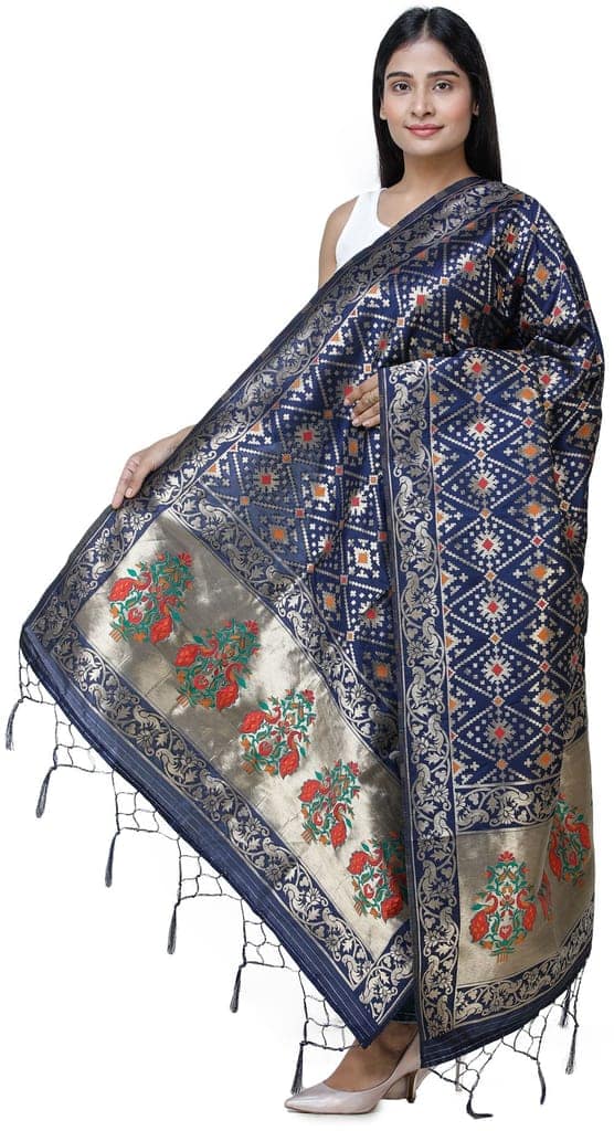 Ocean-Cavern Brocade Dupatta from Gujarat with Birds and Geometric Motifs All-Over view 2