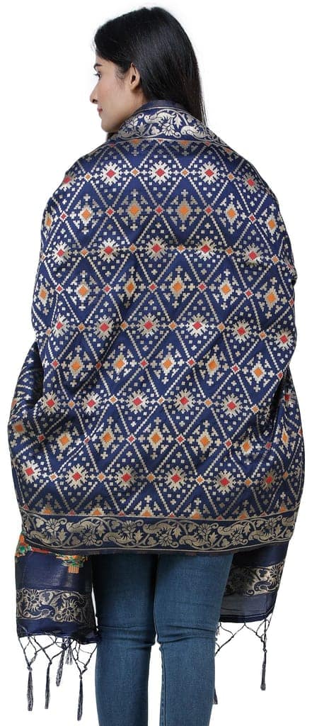 Ocean-Cavern Brocade Dupatta from Gujarat with Birds and Geometric Motifs All-Over view 3