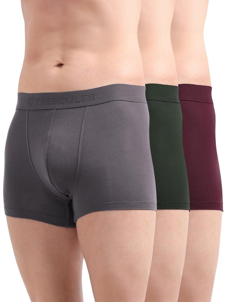 FREECULTR Men's Underwear Anti Bacterial Micromodal Airsoft Trunk - Non Itch No Chaffing Sweat Proof - Pack of 3-Sable Black,Mist Grey,Avocado Green