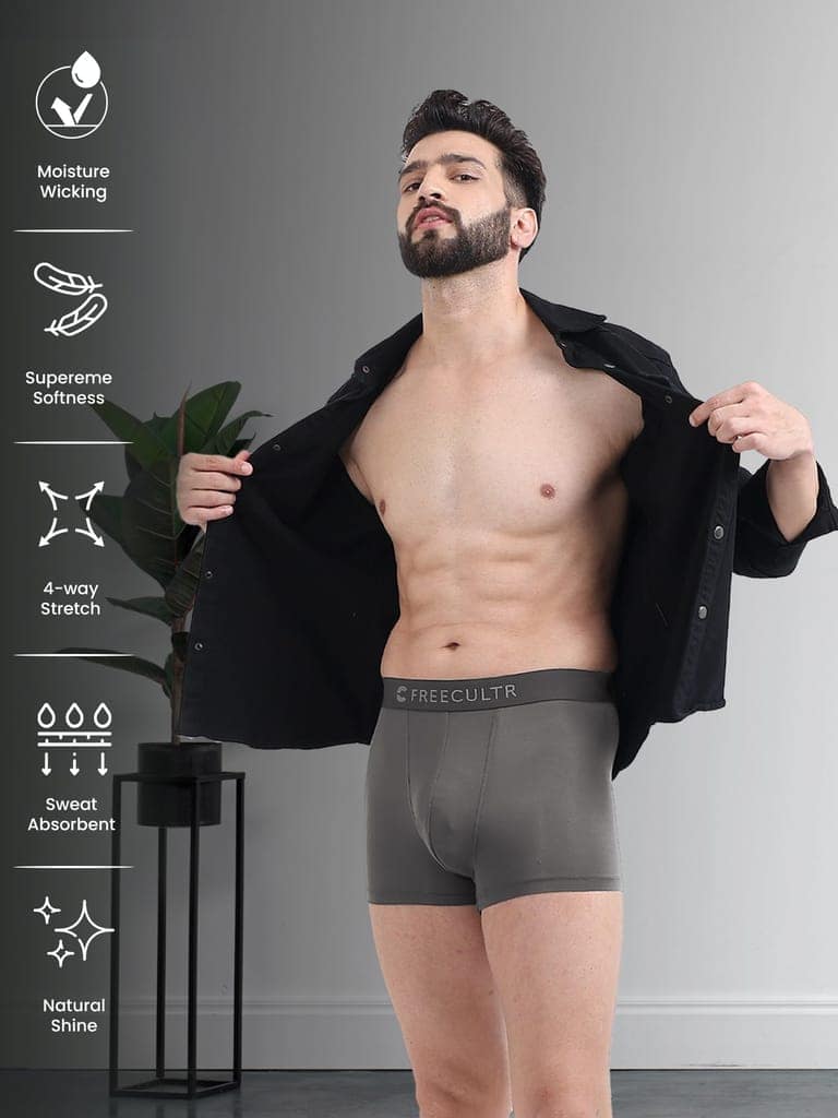 FREECULTR Men's Underwear Anti Bacterial Micromodal Airsoft Trunk - Non Itch No Chaffing Sweat Proof - Pack of 3-Sable Black,Mist Grey,Avocado Green view 3