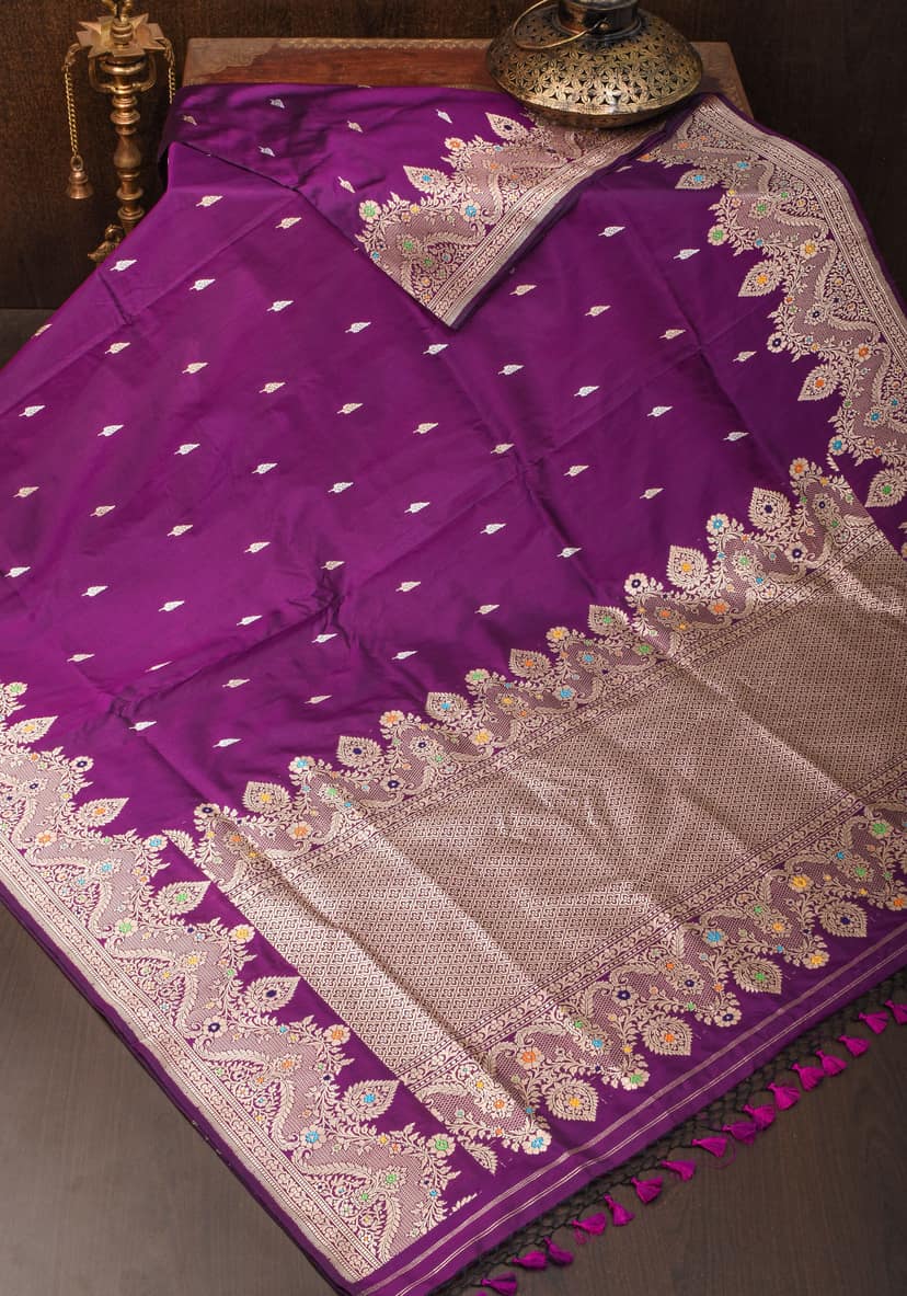Dark Purple Meenakari Curvilinear Border Banarasi Katan Silk Saree with Alfi Motifs | SILK MARK CERTIFIED