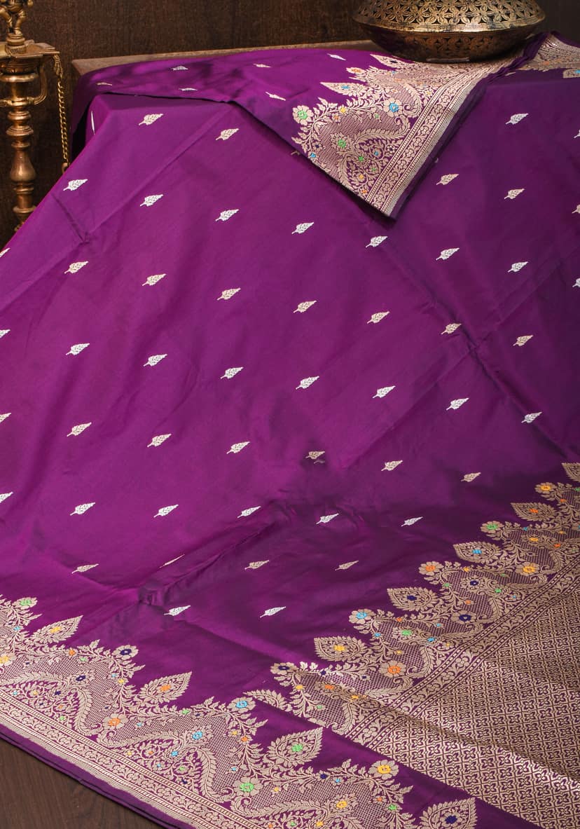 Dark Purple Meenakari Curvilinear Border Banarasi Katan Silk Saree with Alfi Motifs | SILK MARK CERTIFIED view 3
