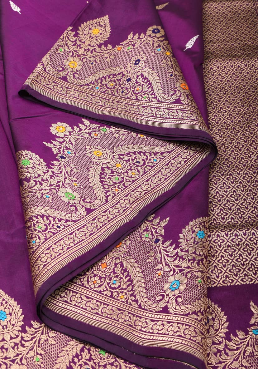 Dark Purple Meenakari Curvilinear Border Banarasi Katan Silk Saree with Alfi Motifs | SILK MARK CERTIFIED view 6
