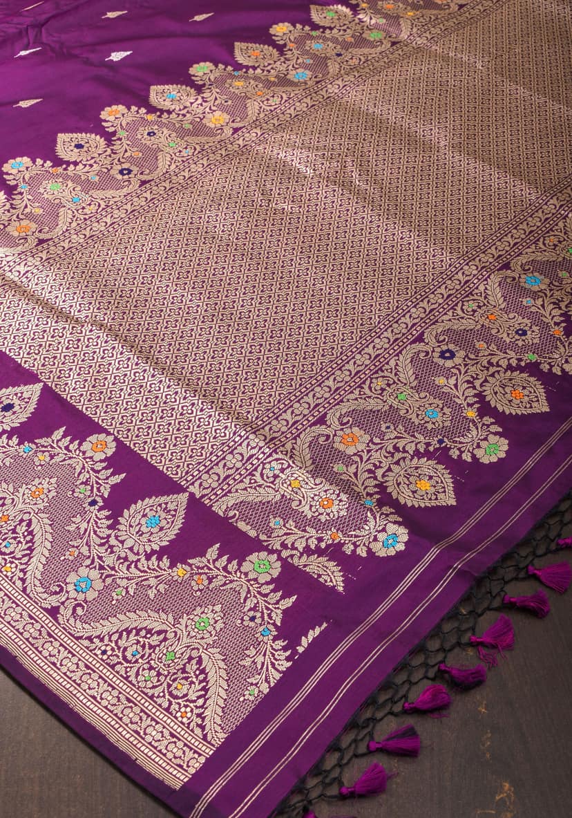 Dark Purple Meenakari Curvilinear Border Banarasi Katan Silk Saree with Alfi Motifs | SILK MARK CERTIFIED view 7