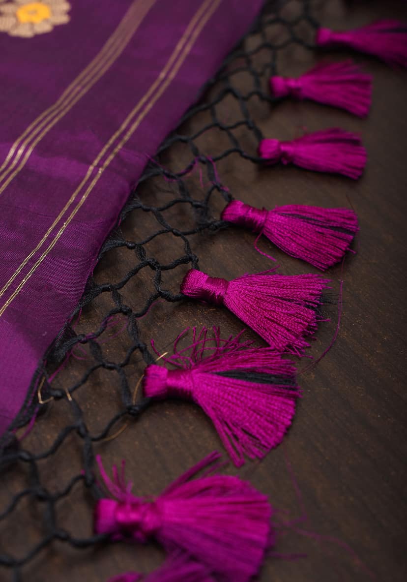 Dark Purple Meenakari Curvilinear Border Banarasi Katan Silk Saree with Alfi Motifs | SILK MARK CERTIFIED view 8