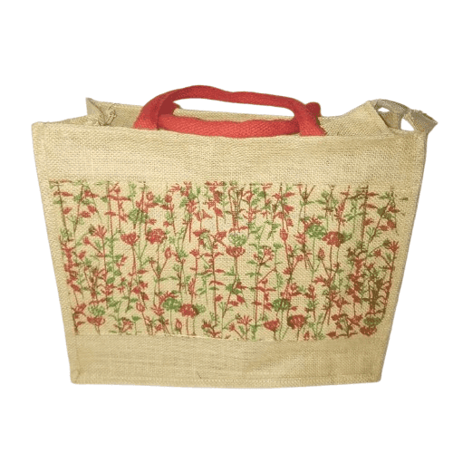 Jute Bag with Red Floral Print and Zipper Closure view 2