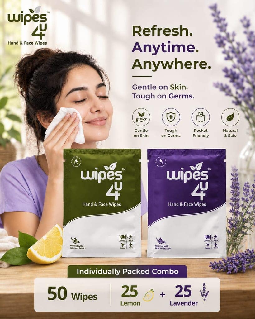 Wipes4u Individually Packed Face and Hand Wet Wipes Combo ( 25 Lavender + 25 Lemon )