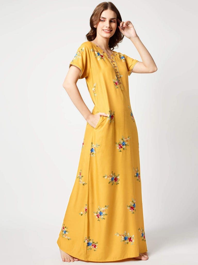Zeyo Women Rayon Brown Floral Embroidery Nighty view 3