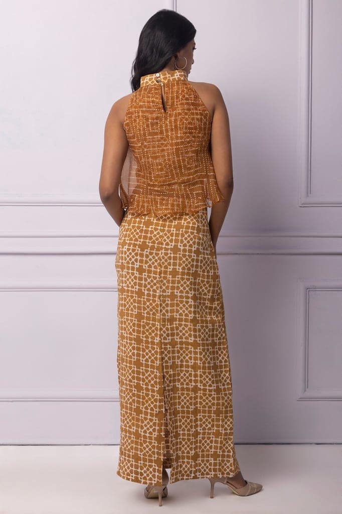 Muddy Yellow Batik Printed Halter Neck With Organza Layer Top view 2