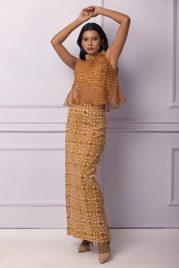 Muddy Yellow Batik Printed Halter Neck With Organza Layer Top view 4