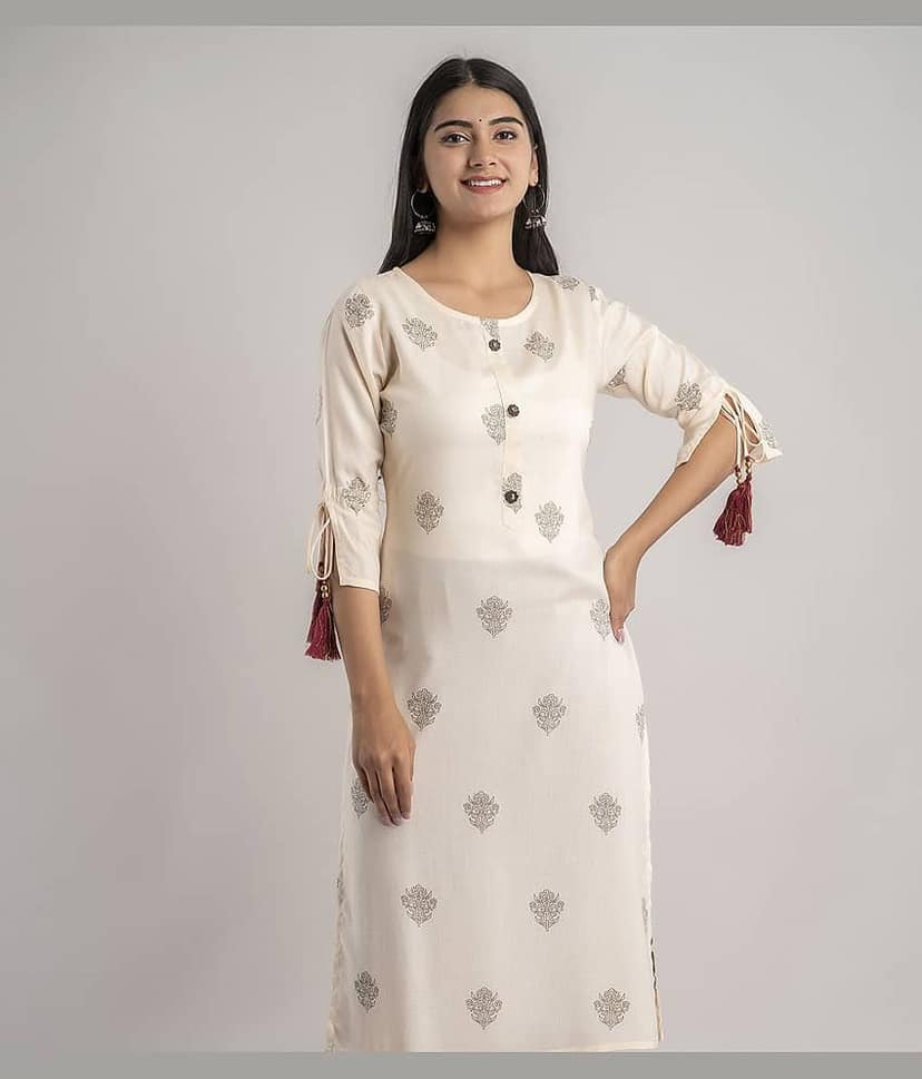 MAUKA - Cream Rayon Women's Straight Kurti ( Pack of 1 )