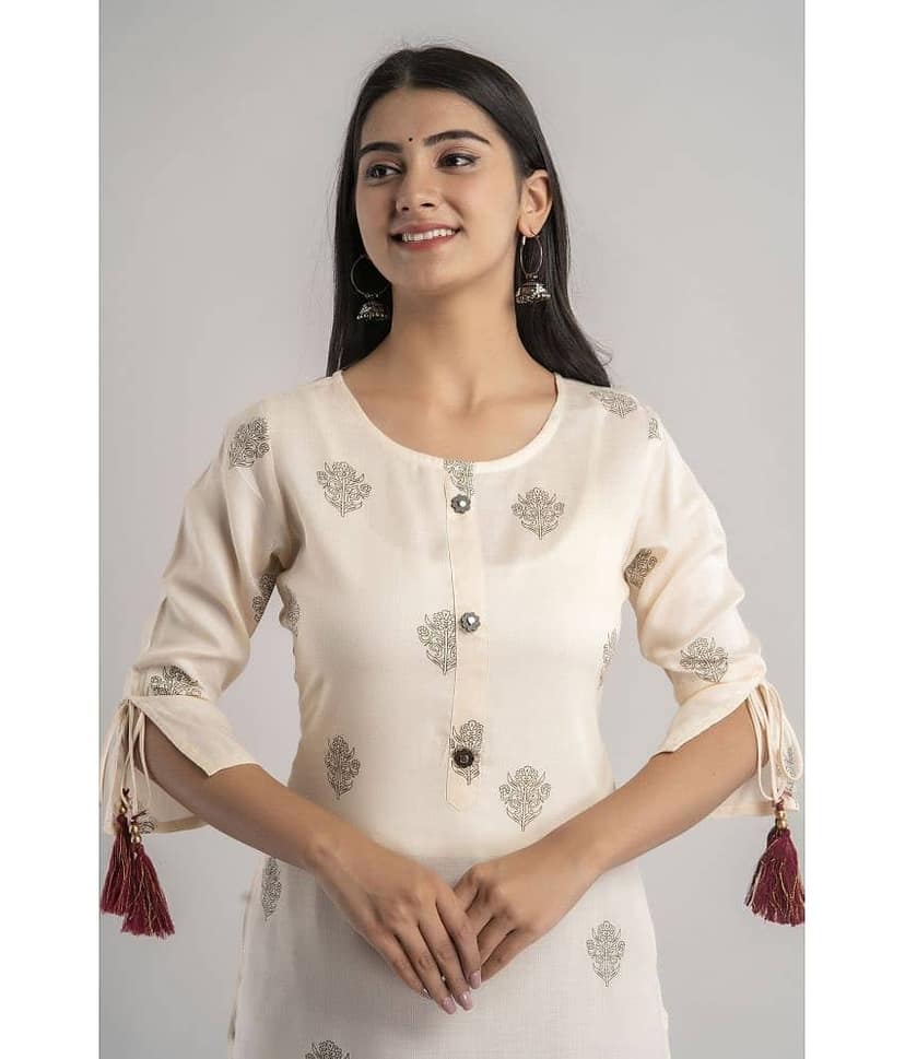 MAUKA - Cream Rayon Women's Straight Kurti ( Pack of 1 ) view 2