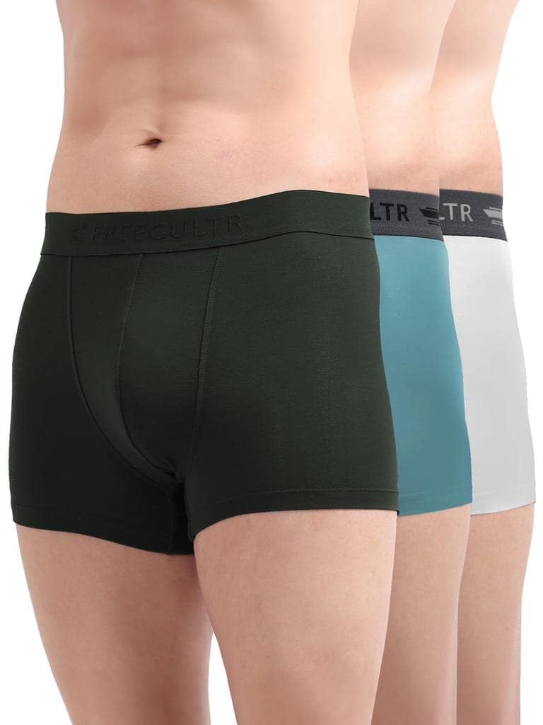 FREECULTR Men's Underwear Anti Bacterial Micromodal Airsoft Trunk - Non Itch No Chaffing Sweat Proof - Pack of 3 (Martini Blue, Ash Grey, Cloud White)