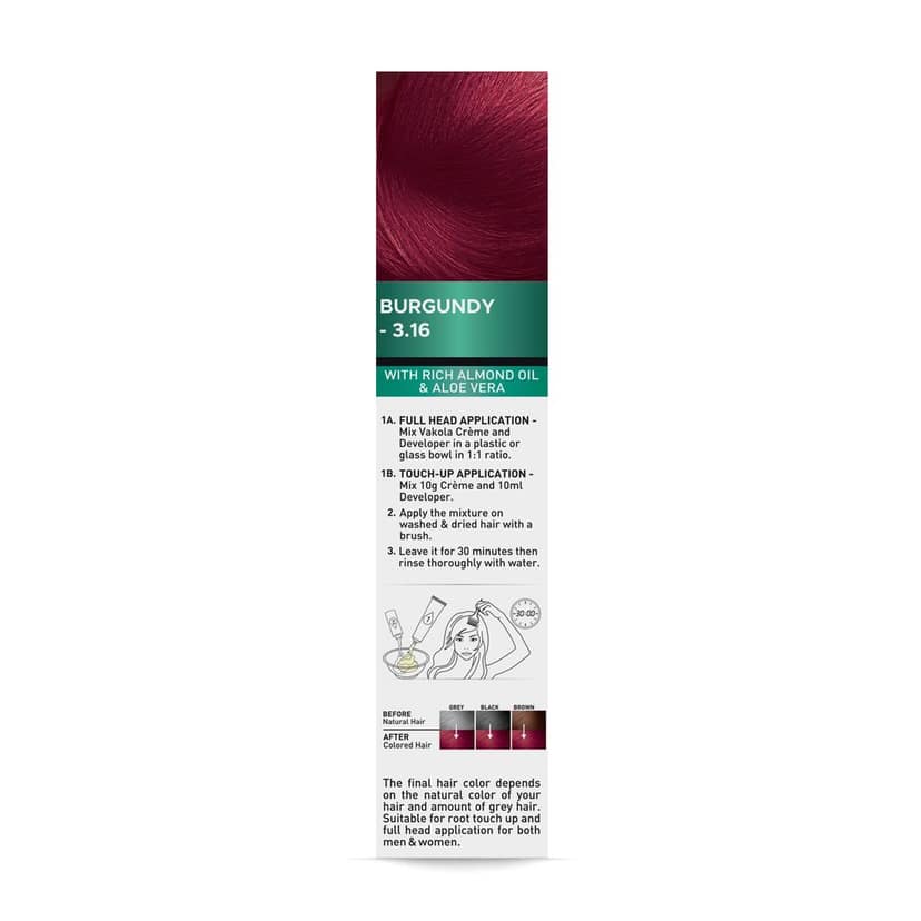 Vakola Hair Color Cream 100ml - Burgundy | Long Lasting Grey Coverage | With Almond Oil & Aloe Vera | Nourishing Permanent Hair Dye view 3