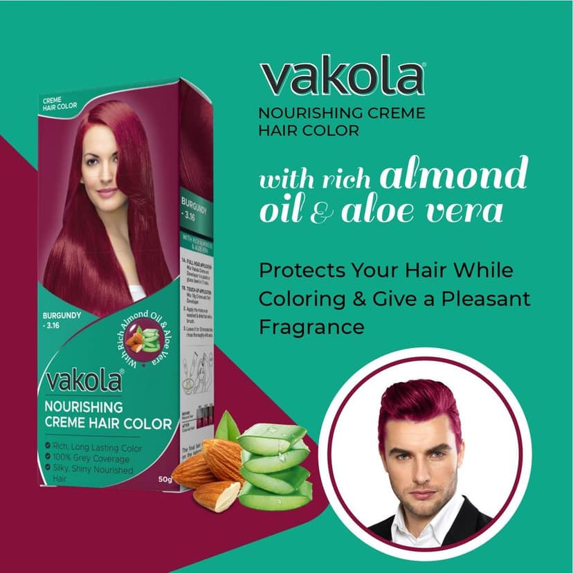 Vakola Hair Color Cream 100ml - Burgundy | Long Lasting Grey Coverage | With Almond Oil & Aloe Vera | Nourishing Permanent Hair Dye view 7