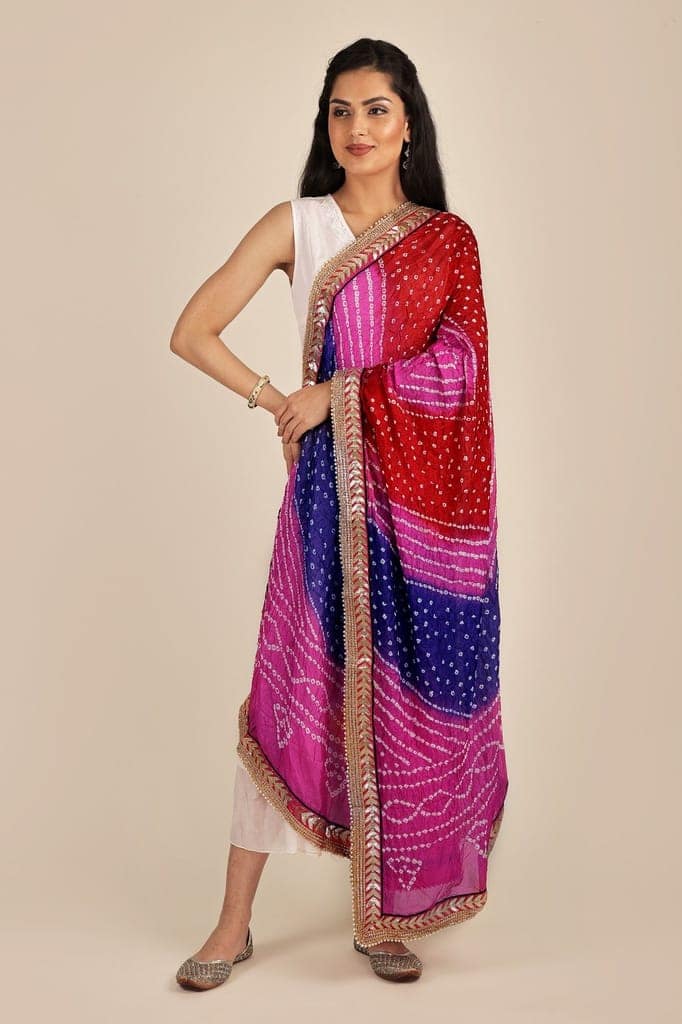 Deep-Blue Multi-coloured Tie-Dye Bandhani Dupatta From Gujarat with Zari Patch Border and Beadwork view 2
