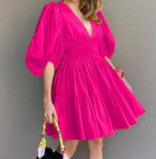 Hot Pink Puff Sleeves Flared Dress