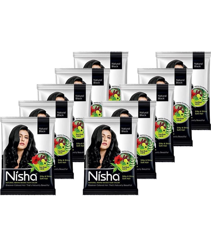 Nisha Henna Based Hair Color Natural Black 10gm Pack of 10, Ammonia Free Henna Powder Hair Colour Dye Black Hair Color