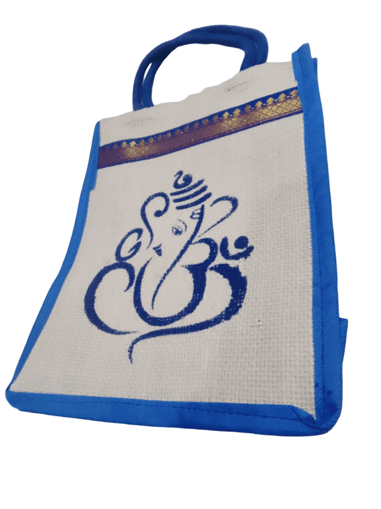 Jute Bags For Party Favors | Ganesha And Kolam Print Return Gift Jute Bag - Colorful 8X10X4" With Zipper For Weddings, Housewarming, Thanksgiving & Pooja Gifts view 2