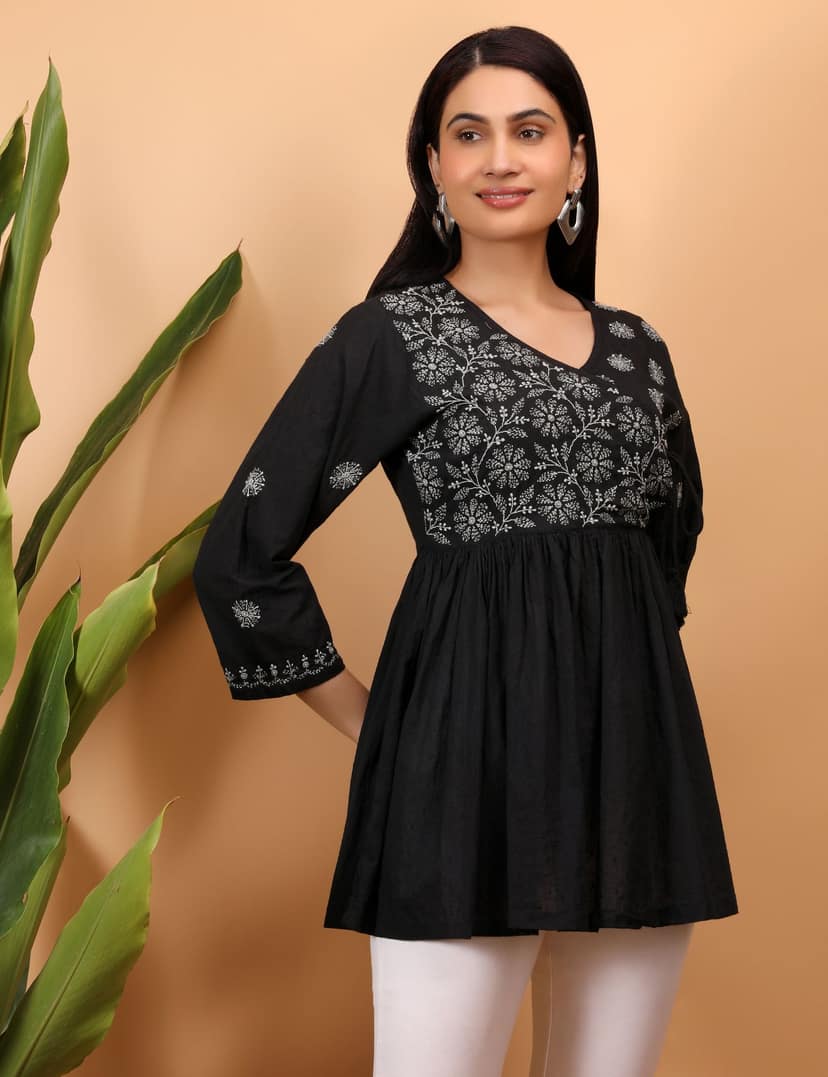 Shwet Women Black Chikankari Angarkha Top view 2