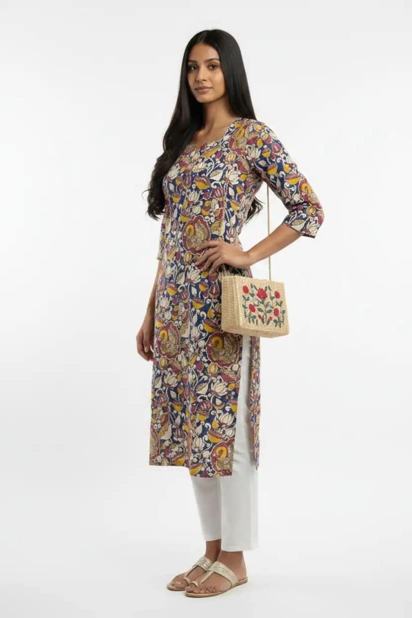 Pedana Kalamkari Screen-Print Cotton Kurti in Beige Floral view 2