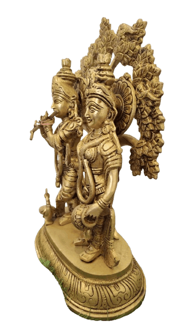 "Divine Brass Statue of Radha Krishna Playing Flute Under Tree" view 2