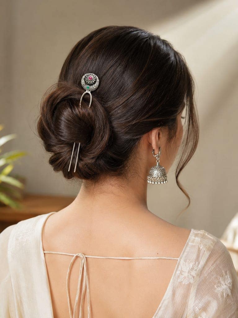 Blubby Oxidised Silver Floral Juda Stick Hair Pin for Women | Traditional Bun Stick Hair Accessory view 3