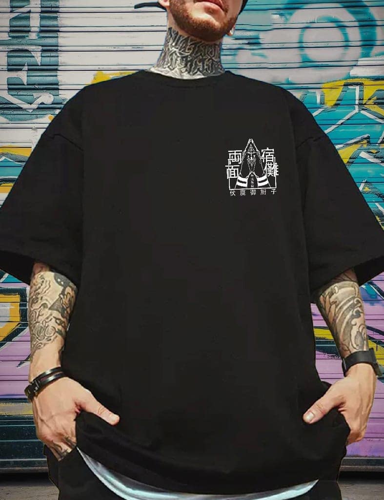 SCOTT FINCHER Men's Black T-shirt with a graphic of Sukuna from the anime series Jujutsu Kaisen : AA(ARN)BLACK_145 view 4