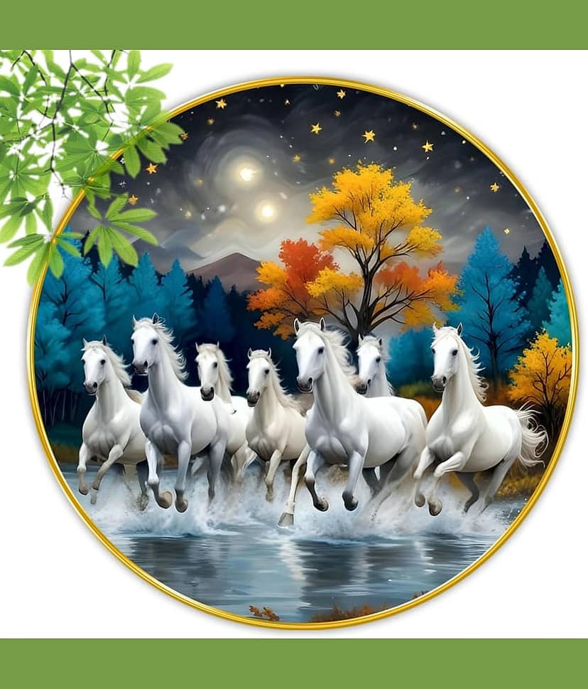 Livin'luxe paintings 7 Running horses modern art Premium Sparkle lamination Golden Slim Frame 40 cm x 40 cm Large Size