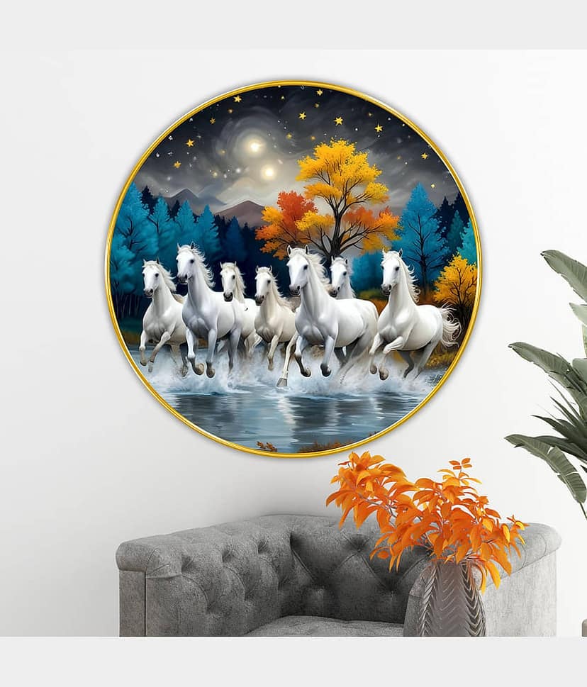 Livin'luxe paintings 7 Running horses modern art Premium Sparkle lamination Golden Slim Frame 40 cm x 40 cm Large Size view 2