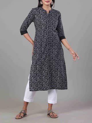 Black And White Pure Cotton Printed Kurti With Lace Detailing