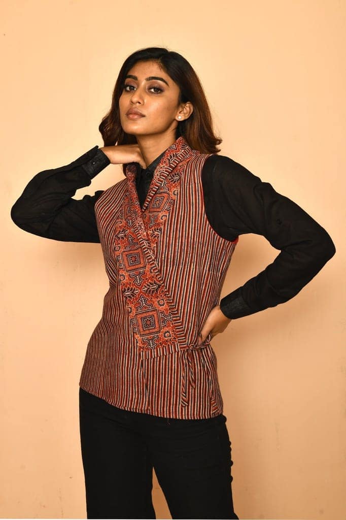 Red cotton Ajrakh natural dye shawl jacket for women view 3